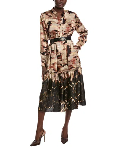 Gracia Mock Neck Belted Shirtdress In Brown