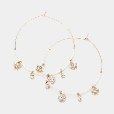 Fashnzfab Rhinestone Embellished Metal Flower Beaded Open Circle Earrings In Gold