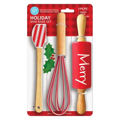 R & M International Christmas 3 Piece Mini Baking Set With Spatula, Rolling Pin, And Whisk In Red