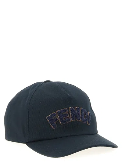 Fendi Cotton Canvas Cap With Terry Patch In Blue