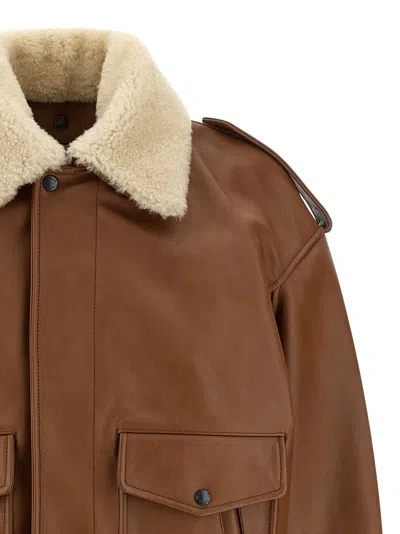 Saint Laurent Bomber Jacket In Hammered Leather And Shearling In Brown