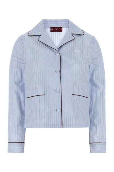 Gucci Striped Shirt With Notched Collar And Trim In Blue
