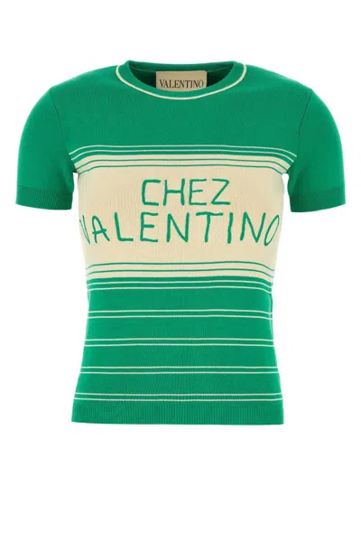 Valentino Cotton Sweater With Crew Neck And Stripes In Green