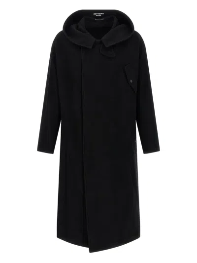 Yohji Yamamoto Belted Hooded Coat Featuring Button Detail In Black