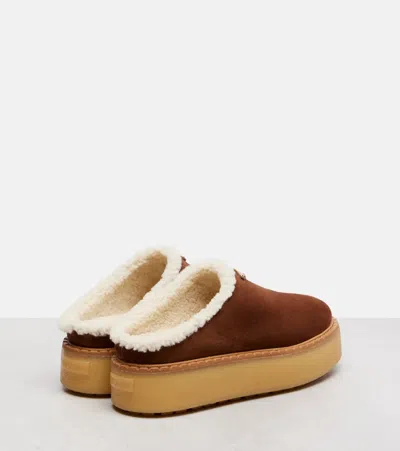 Prada Evolve Shearling-trimmed Suede Platform Mules In Brown