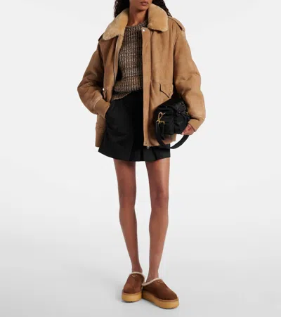 Prada Evolve Shearling-trimmed Suede Platform Mules In Brown