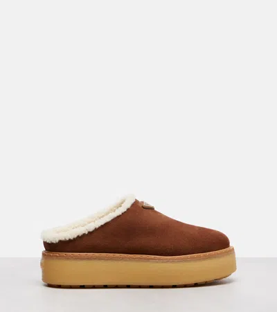 Prada Evolve Shearling-trimmed Suede Platform Mules In Brown