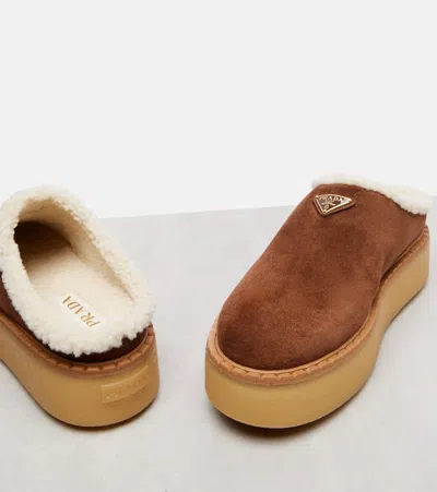 Prada Evolve Shearling-trimmed Suede Platform Mules In Brown