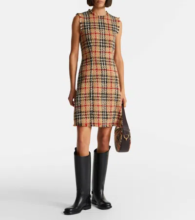Burberry Checked-pattern Frayed Midi Dress In Brown