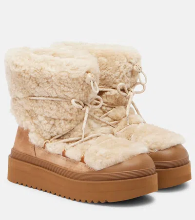 Tory Burch Cozy Shearling Ankle Boots Platform Sole In White