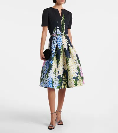 Oscar De La Renta Short Sleeve Multi Foxgloves Degrade Dress In Black