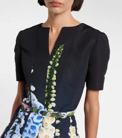 Oscar De La Renta Short Sleeve Multi Foxgloves Degrade Dress In Black
