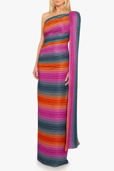 Black Halo Vella Stripe One-shoulder Gown In Pleated Hues
