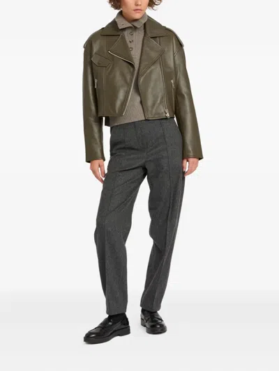 Yves Salomon Leather Biker Jacket In Green