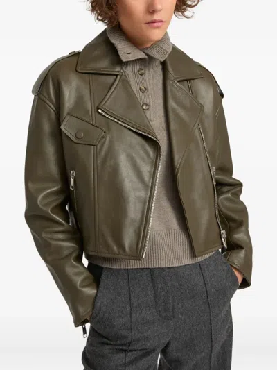 Yves Salomon Leather Biker Jacket In Green
