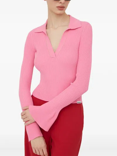 Hugo Boss Soverie Bell-sleeve Ribbed Sweater In Pink