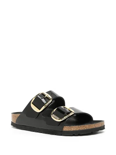 Birkenstock Black Vitello Sandals With Gold-tone Buckles In Black