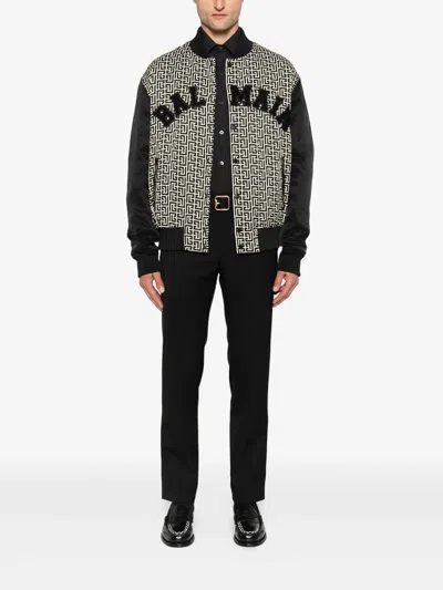 Balmain Pb Labyrinth Monogram Varsity Bomber Jacket In Black