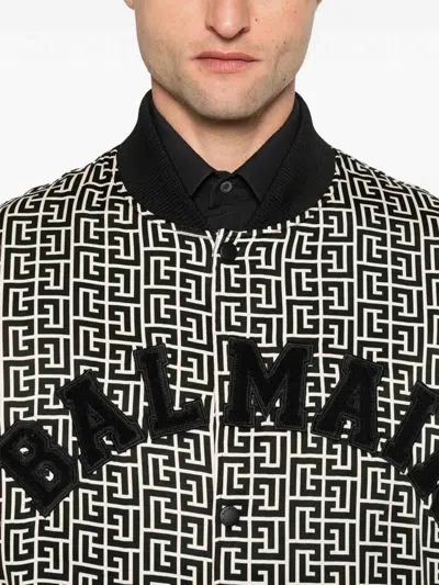 Balmain Pb Labyrinth Monogram Varsity Bomber Jacket In Black
