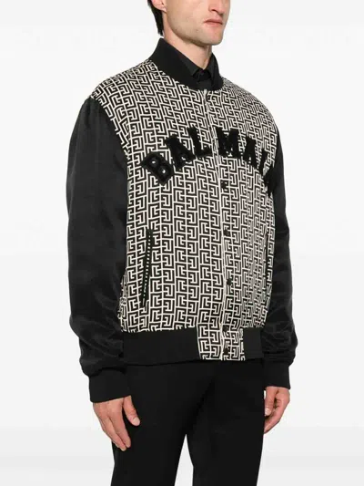 Balmain Pb Labyrinth Monogram Varsity Bomber Jacket In Black
