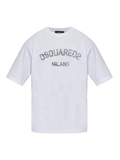 Dsquared2 Loose Fit Tee Logo Dsq2 Milano Sbiadito Effetto Texture Jersey Di Cotone T-shirt In White