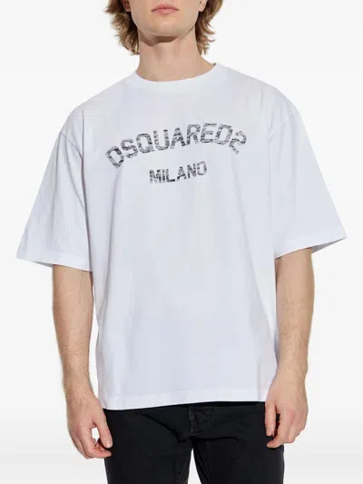 Dsquared2 Loose Fit Tee Logo Dsq2 Milano Sbiadito Effetto Texture Jersey Di Cotone T-shirt In White