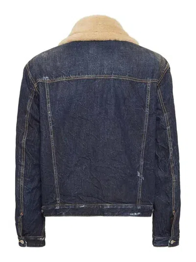 Dsquared2 Denim Aviator Jacket With Shearling Collar And Distressed Finish In Blue