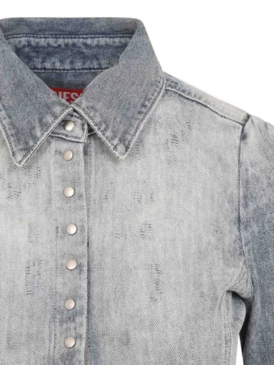 Diesel Shirt In Distressed Honeycomb Denim In Blue