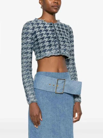 Diesel Long Sleeve Cropped Houndstooth Top In Blue