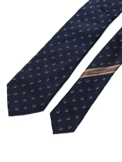 Ferragamo Gancini Print Silk Tie With Standard Width In Black