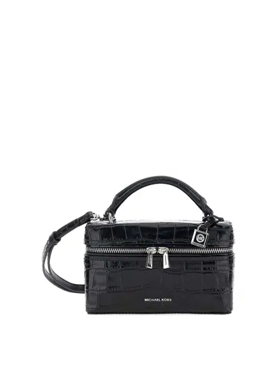 Michael Kors Glossy Croc-embossed Handbag With Structured Silhouette In Black