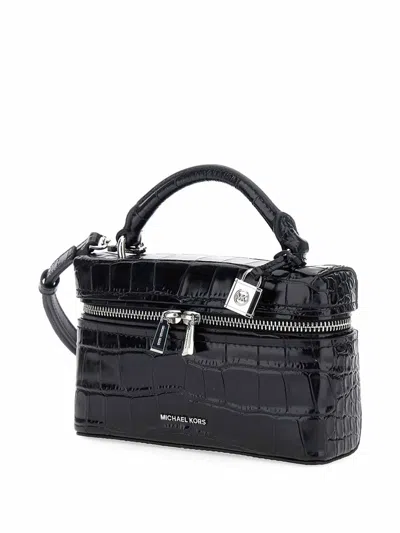 Michael Kors Glossy Croc-embossed Handbag With Structured Silhouette In Black