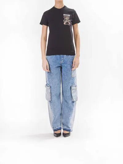 Moschino Playful Black Cotton T-shirt With Iconic Bear Design In Black