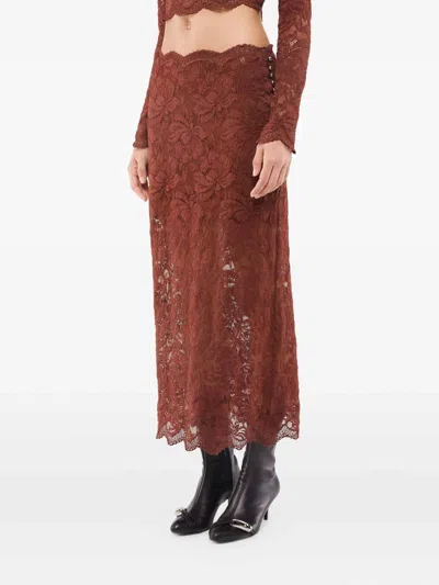 Rabanne Floral Stretch-guipure Lace Midi Skirt In Brown