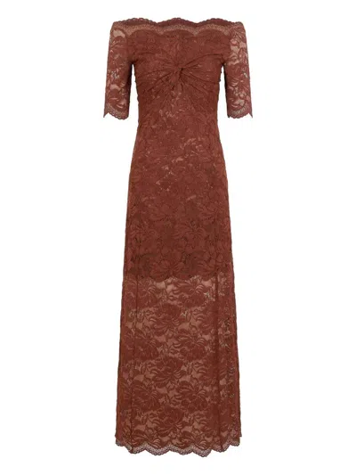 Rabanne Off-the-shoulder Brown Midi Dress With Twisted Knot Detail In Brown