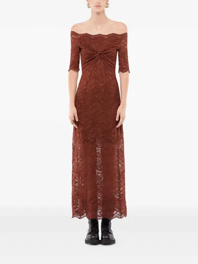 Rabanne Off-the-shoulder Brown Midi Dress With Twisted Knot Detail In Brown
