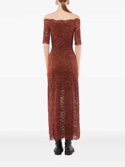 Rabanne Off-the-shoulder Brown Midi Dress With Twisted Knot Detail In Brown