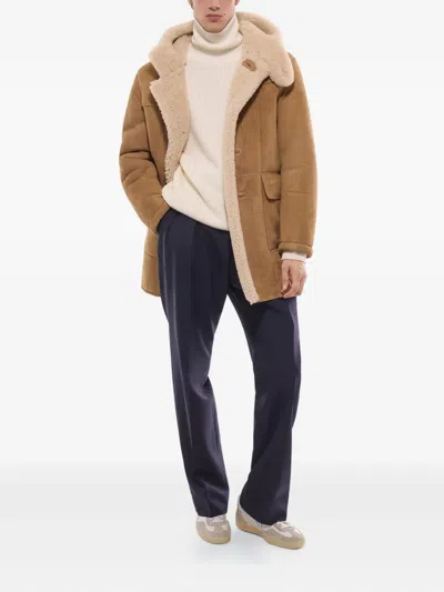Fursac Hooded Shearling Coat In Brown