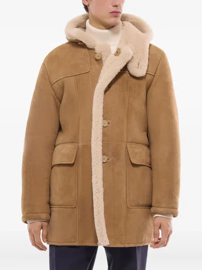 Fursac Hooded Shearling Coat In Brown
