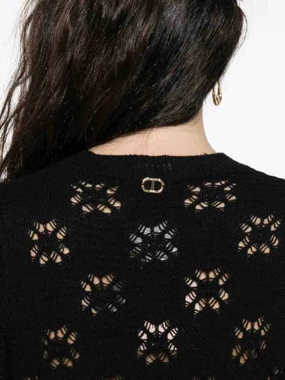 Twinset Twin-set Black Sweater With Floral Openwork Detailing In Black