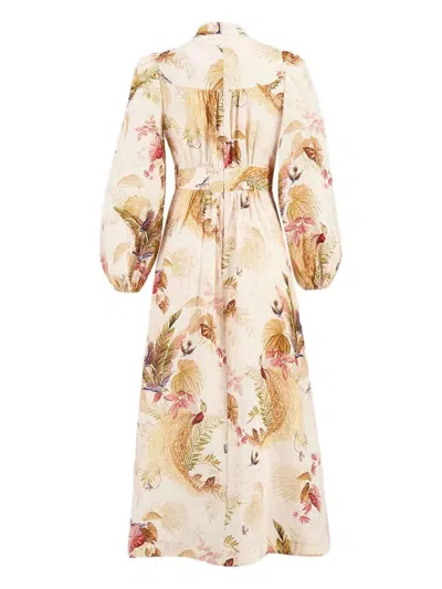 Zimmermann Ascension Linen Plunge Midi Dress In Multi