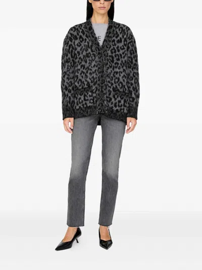 Anine Bing Leopard Print Cardigan Featuring Front Pockets In Black