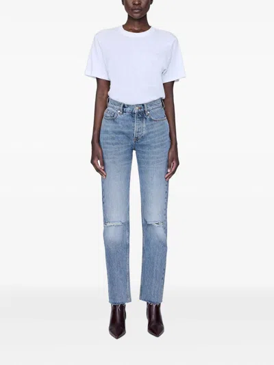 Anine Bing Bruno Destructed Frayed Jeans In Blue