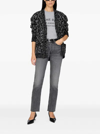 Anine Bing Leopard Print Cardigan Featuring Front Pockets In Black