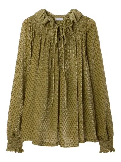 Burberry Ruffled-collar Velvet Blouse In Green
