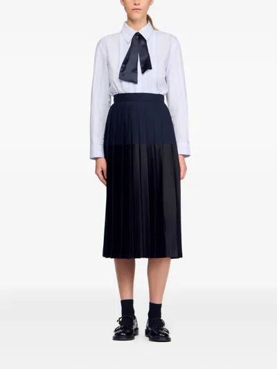 Sandro Pleated Colourblock Midi Skirt In Black