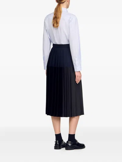 Sandro Pleated Colourblock Midi Skirt In Black