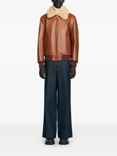 Sandro Shearling Collar Leather Jacket In Brown