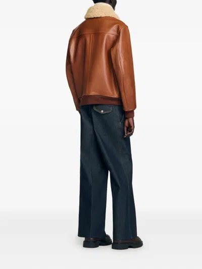 Sandro Shearling Collar Leather Jacket In Brown