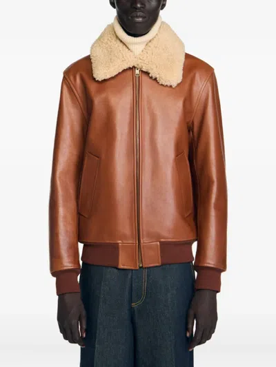 Sandro Shearling Collar Leather Jacket In Brown